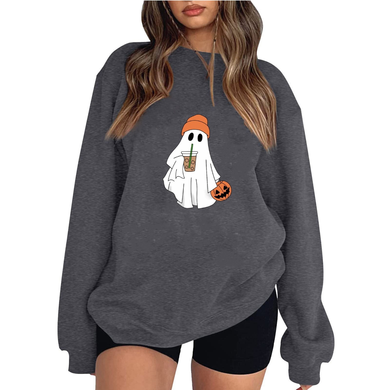 Halloween Oversized Sweatshirt for Women Cute Ghost Graphic Pullover