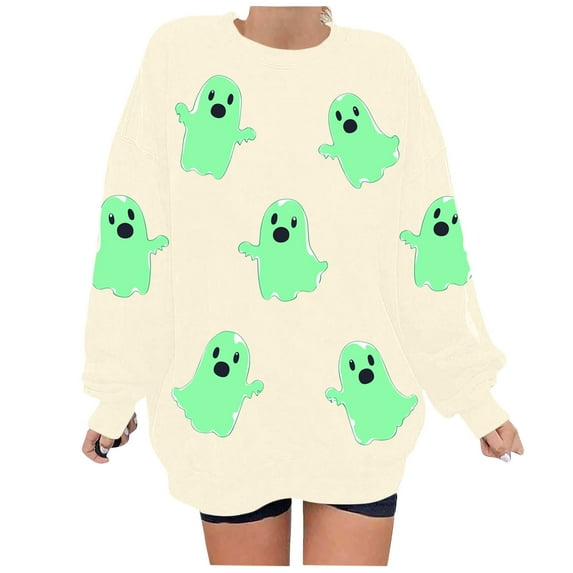 Halloween Oversized Sweatshirts for Women Crewneck Pullover Graphic Sweat Shirts Loose Funny Ghost Sweater Beige, XL