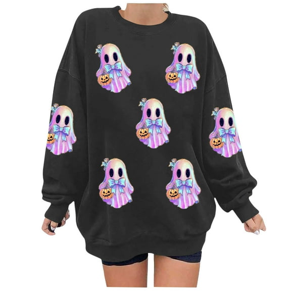 Halloween Oversized Sweatshirts for Women Crewneck Pullover Graphic Sweat Shirts Loose Funny Ghost Sweater Gray, S