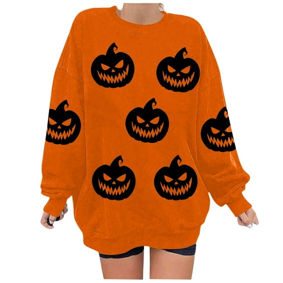 Halloween Oversized Sweatshirts for Women Crewneck Pullover Graphic Sweat Shirts Loose Funny Ghost Sweater Orange, 2XL