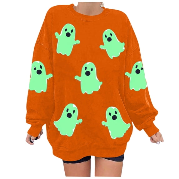 Halloween Oversized Sweatshirts for Women Crewneck Pullover Graphic Sweat Shirts Loose Funny Ghost Sweater Orange, XL