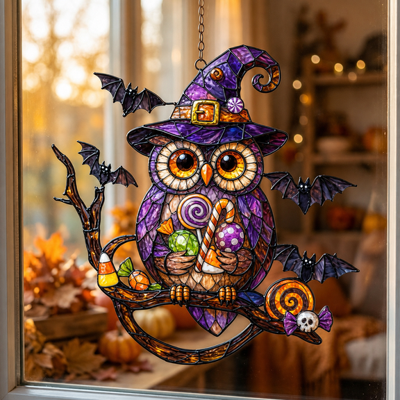 Halloween Owl Acrylic Suncatcher Window Hanging Candy-Themed Fall Gift