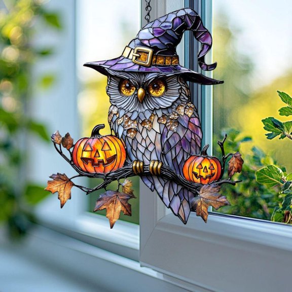 Halloween Owl Acrylic Suncatcher, Witch Hat Faux Stained Acrylic Window Hanging With Pumpkins Gift For Halloween Lovers