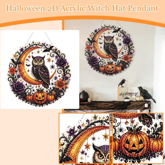 Halloween Owl Crescent Moon Diamond Art Hanging Kit, Acrylic Rhinestone DIY Craft Pendant with Hanging Chain & Full Tools for Home Seasonal Decor