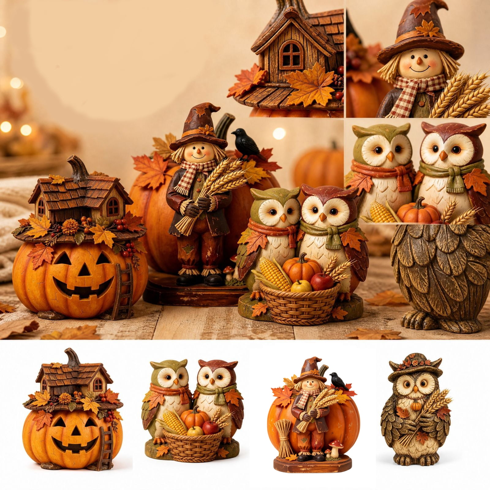 Halloween Owl Figurine with Autumn Harvest Design, Rustic Fall Decorations for Home and Table, Halloween Gifts and Halloween Home Decor 1Pc
