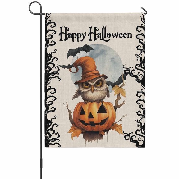 Halloween Owl Garden Flag 12 x 18 Inches, Messenger Evil Pumpkin Moon Weather Proof Outdoor Patio Flags Double Sided Small Garden Decoration for Yard Outside Home