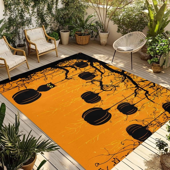 Halloween Owl Outdoor Rug 6x9 Ft - Reversible Patio Rug Outdoor Camping Rugs, Orange Black Pumpkin Tree Horror Branch Washable Indoor Outdoor Area Rugs, Non-Slip Outdoor Carpet Runner for Deck/Porch