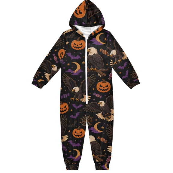 Halloween Owl Pumpkin Boys & Girls Hooded One-Piece Pajamas Warm Crystal velvet Hooded Long Sleeve Loungewear Jumpsuit Unisex
