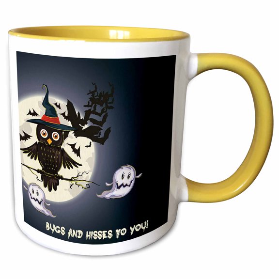 3dRose, Halloween Owl With Ghost, 15oz Two-Tone Yellow Mug