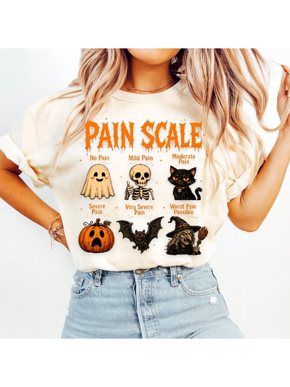 Halloween Pain Scale Shirt Funny Halloween T-shirt Black Spooky Pain Chart Top Ghost Skeleton Black Cat Tee