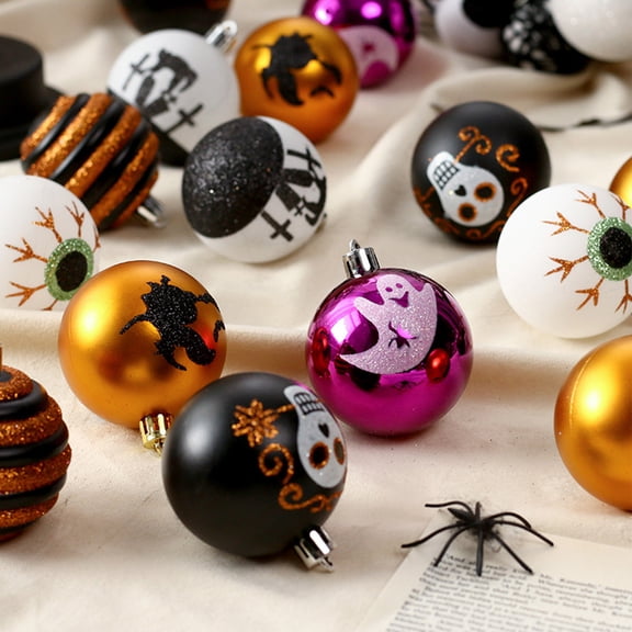 Halloween Painted Plastic Ball Ornaments, 16 Pack Skull Witch Ghost Decor for Tree Porch Haunted Party Display