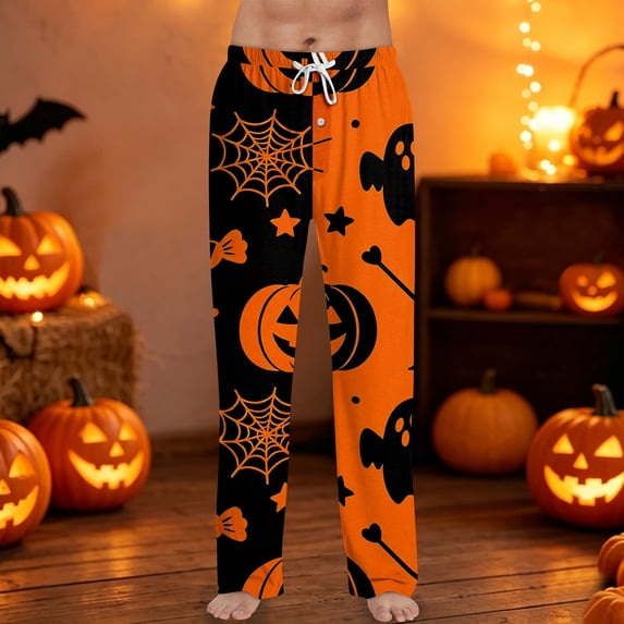 Halloween Pajama Pants Men Cute Pumpkin Ghost Print Elastic Waist Pj Pants Hallowmas Lightweight Soft Lounge Mens Comfy Sleepwear