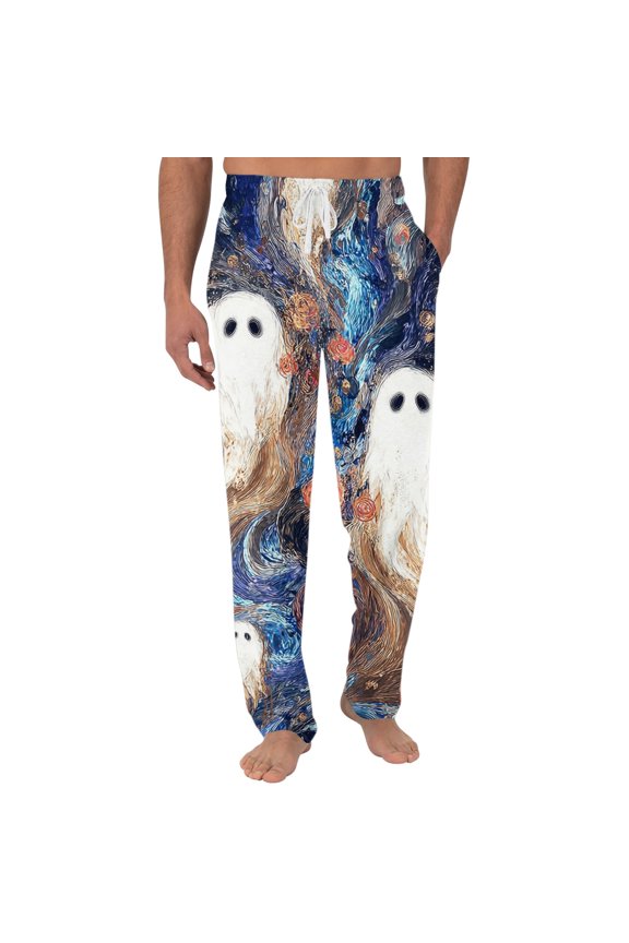 Halloween Pajama Pants for Men, Vintage Raven & Jack-o'-Lantern Graphic Lounge Bottoms with Deep Side Pockets, Soft Breathable Sleep Trousers, 1 Pair Blue M