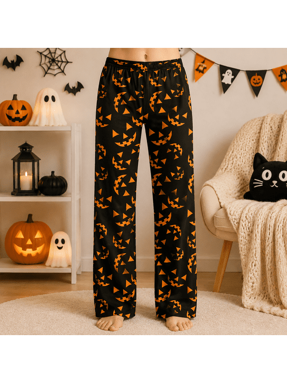 Halloween Pajama Pants Soft Sleep Bottoms, Funny Print Wide Leg Fall Pajamas Casual Elastic Waist Lounge Pants