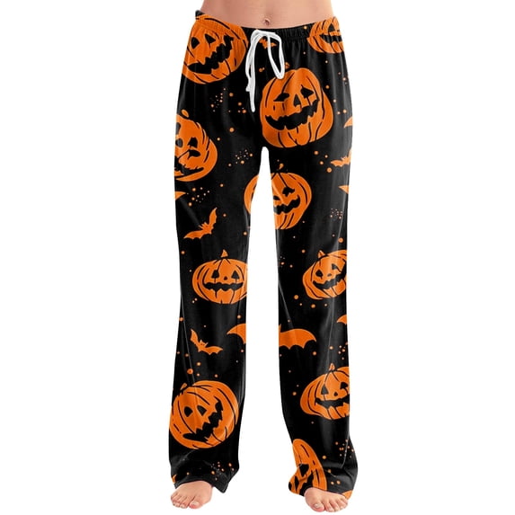 Halloween Pajama Pants Women Baggy Drawstring High Waist Pajamas Pumpkin Print Graphic Straight Leg Yoga Loungewear Bottoms