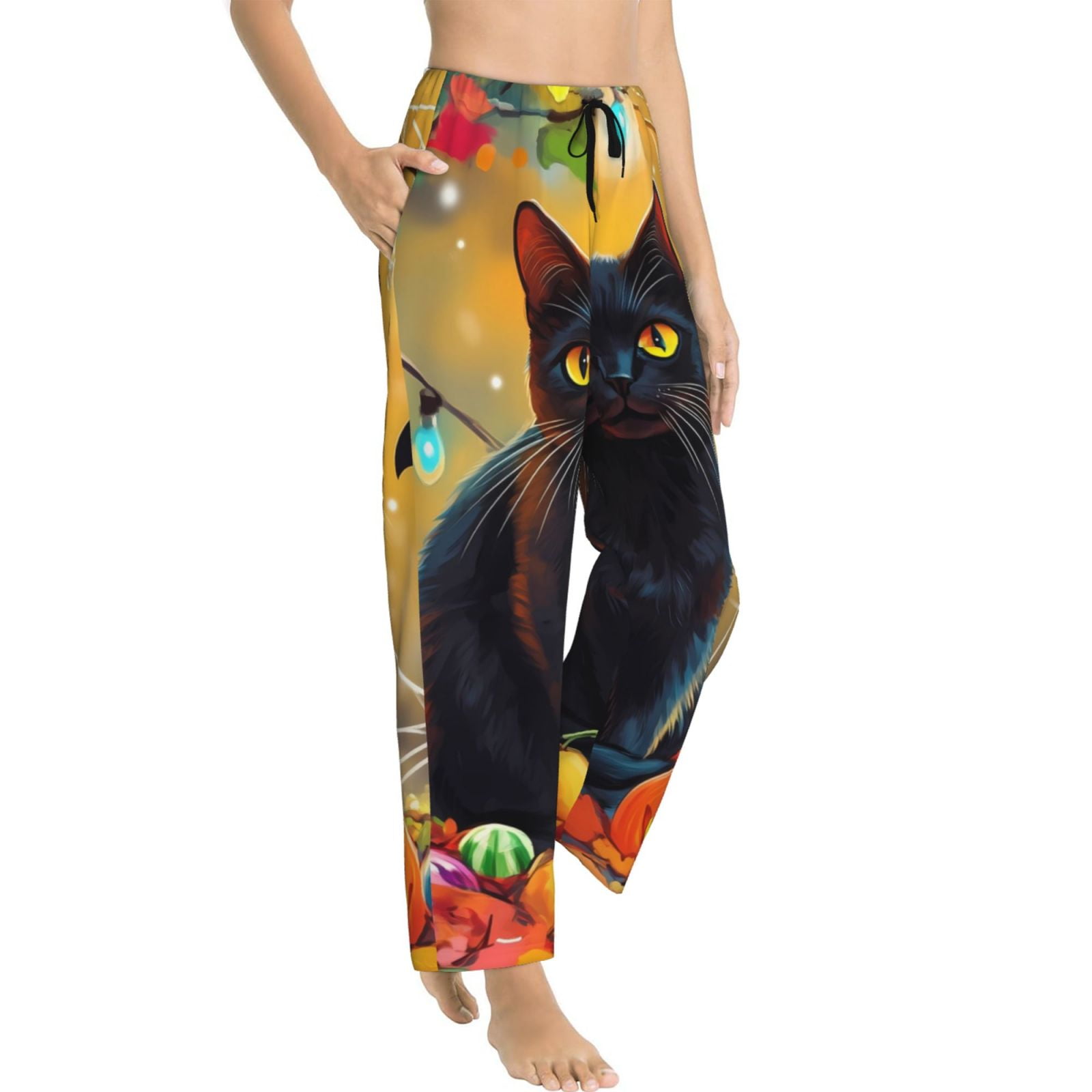 Halloween Pajama Pants Women Halloween Colorful Maple Leaf Black Cat