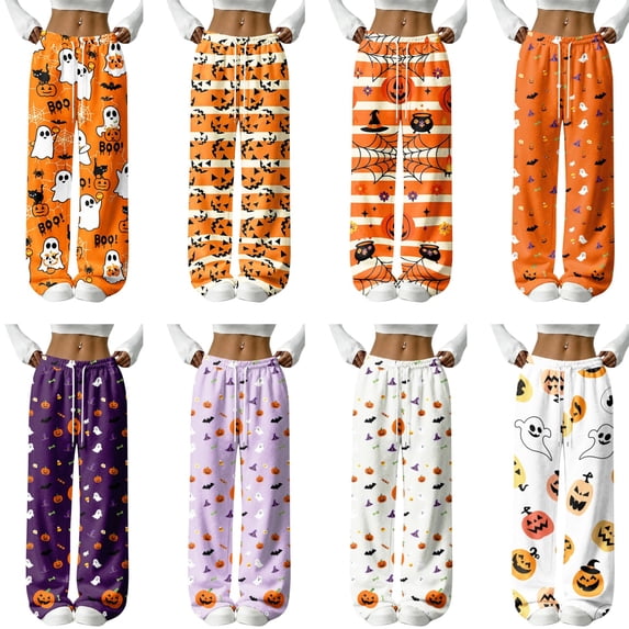 Halloween Pajama Pants Women Cute Funny Pumpkin Ghost Print Flannel Pajamas Casual Elastic Waist Sleep Lounge Pants Fall Pajamas
