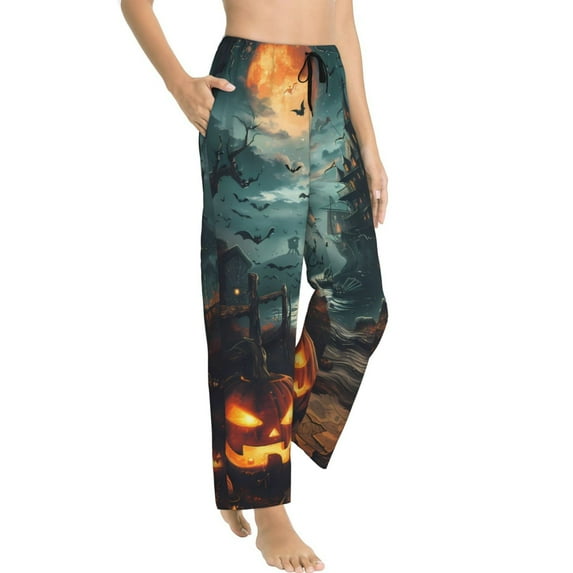 Halloween Pajama Pants Women, Halloween Pumpkin Castle A Halloween Costumes Sweatpants Soft Sleep Lounge Pants, Casual PJ Bottoms Pants with Pockets