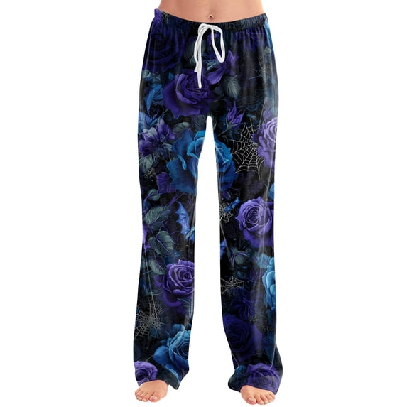 Halloween Pajama Pants for Women, Neon Splatter Pumpkin & Spiderweb Print Wide Leg Lounge Bottoms with Drawstring Waist, Soft Breathable Sleep Trousers, 1 Pair Blue L