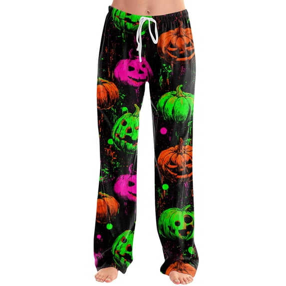 Halloween Pajama Pants for Women, Neon Splatter Pumpkin & Spiderweb Print Wide Leg Lounge Bottoms with Drawstring Waist, Soft Breathable Sleep Trousers, 1 Pair Earthy Yellow XXXL
