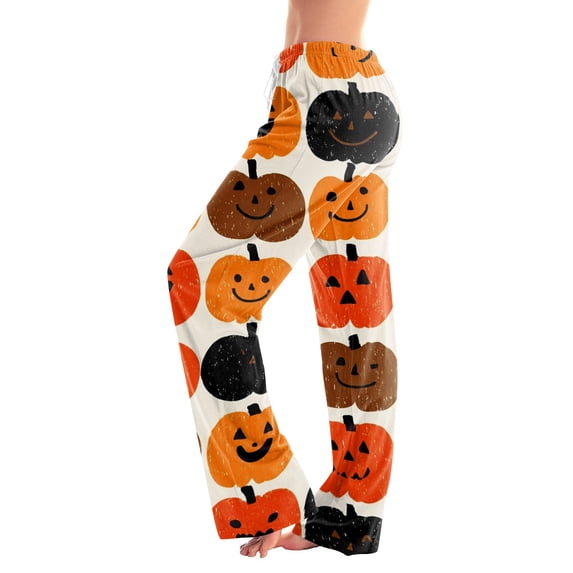 Halloween Pajama Pants Women Stretch Wide Leg Pj Pants High Waisted Cute Pumpkin Skull Ghost Print Pjs Pants