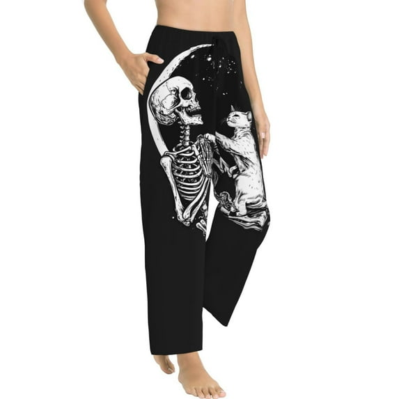 Halloween Pajama Pants Women, Halloween Vintage Skeleton Cat Halloween Costumes Sweatpants Soft Sleep Lounge Pants, Casual PJ Bottoms Pants with Pockets