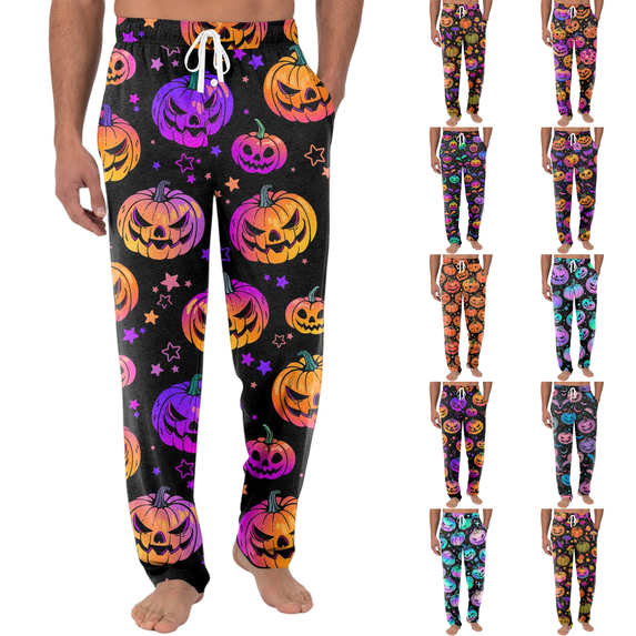 Halloween Pajama Pants for Men Funny Graphic Pumpkin Joggers Fluffy Big and Tall Funny Pumpkin Family Pj Pants Black 2XL