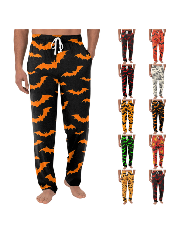 Halloween Pajama Pants for Men Funny Graphic Pumpkin Joggers Fluffy Big and Tall Funny Pumpkin Family Pj Pants Orange M