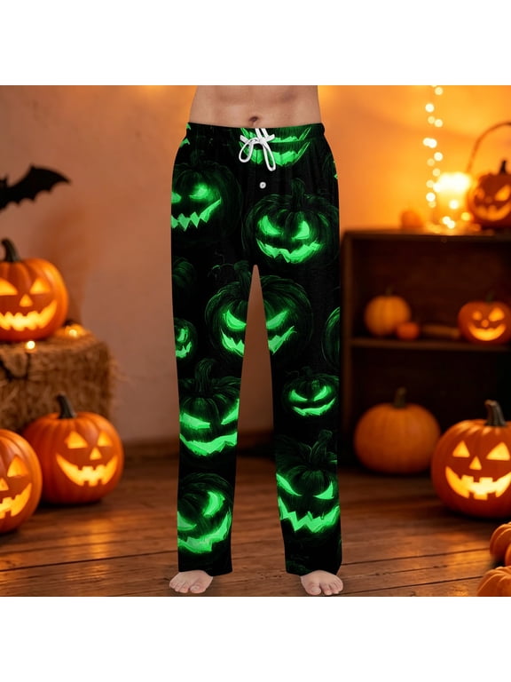 Halloween Pajama Pants for Men Ghost Candy Drawstring Funny Pajama Pants Witch Hat Spider Web Elastic High Waist Horror Sleep Pants, M