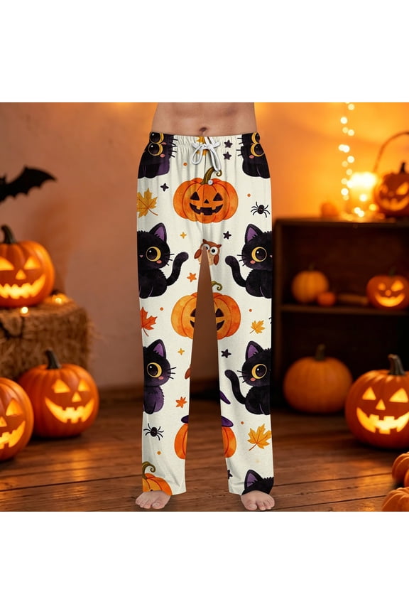 Halloween Pajama Pants for Men Pumpkin Bat Elastic High Waist Funny Pajama Pants Castle Ghost Wide Leg Horror Sleep Pants, S