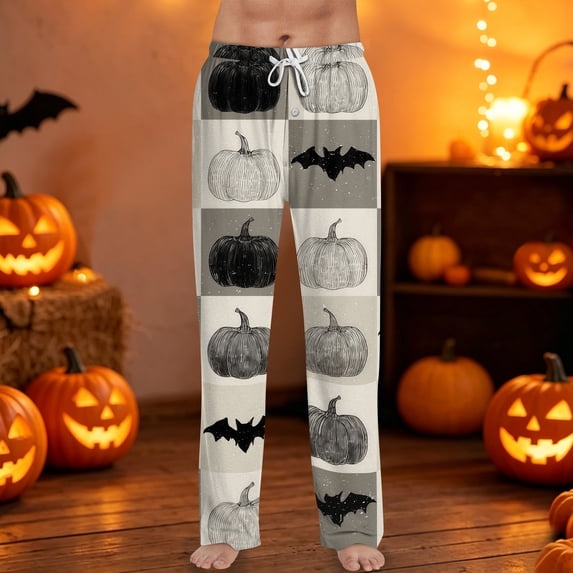 Halloween Pajama Pants for Men Pumpkin Castle Elastic High Waist Spooky Sleep Pants Skeleton Spider Web Drawstring Horror Pajama Pants, 2XL
