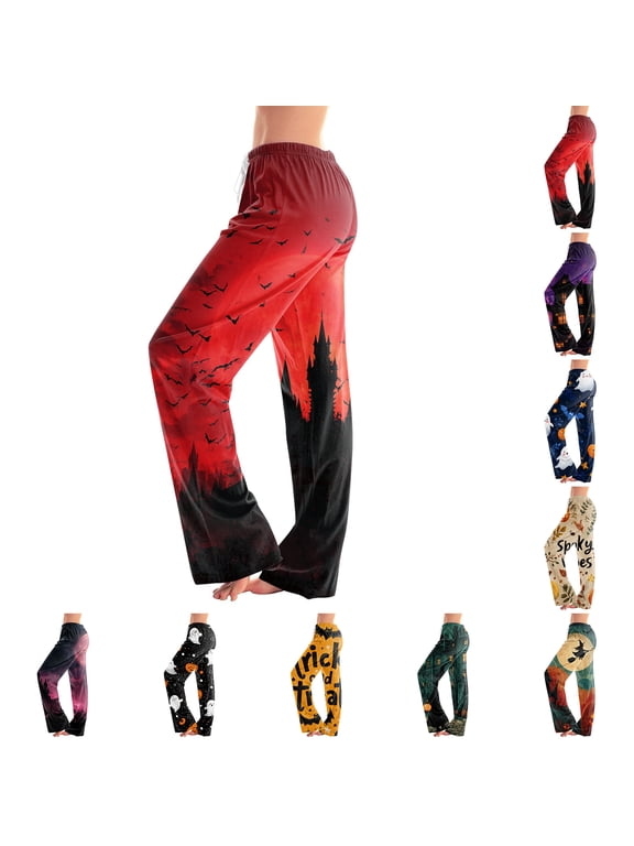 Halloween Pajama Pants for Women Bone Skeleton Print Drawstring Cute Lounge Pants Witch Hat Fashion Sleep Pants 3XL