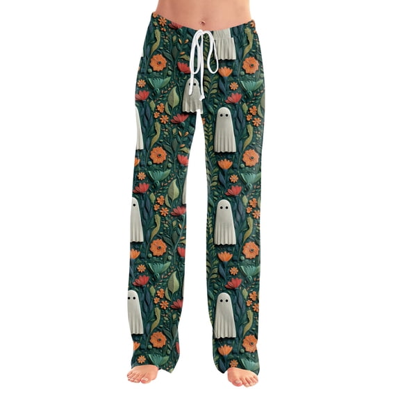 Halloween Pajama Pants for Women Casual Elastic High Waist Drawstring Pajamas Pumpkin Ghost Print Wide Leg Loungewear Bottoms