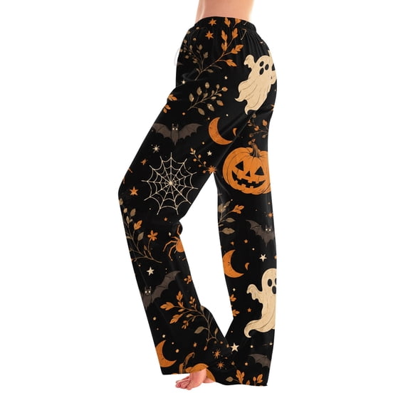 Halloween Pajama Pants for Women Casual Elastic High Waist Drawstring Pajamas Pumpkin Ghost Print Wide Leg Loungewear Bottoms
