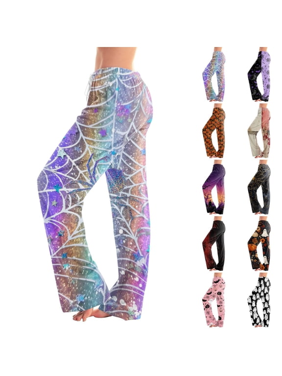 Halloween Pajama Pants for Women Ghost Pumpkin Print Drawstring Casual Lounge Pants Bone Funny Sleep Pants 3XL