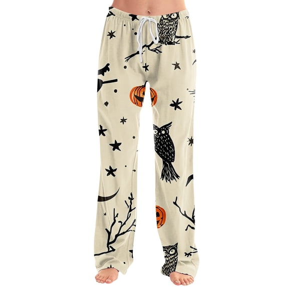 Halloween Pajama Pants for Women Pumpkin Castle Wide Leg Funny Pajama Pants Candy Witch Hat Elastic High Waist Horror Sleep Pants, 2XL