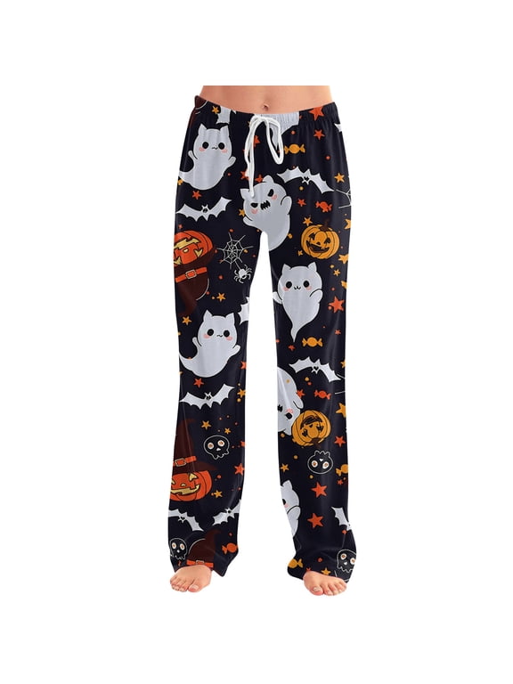 Halloween Pajama Pants for Women, Pumpkin Ghost Bat Print, Drawstring Straight Leg Lounge Sleep Pants