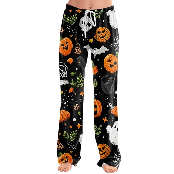 Halloween Pajama Pants for Women Soft Elastic High Waist Drawstring Sleepwear Pant Pumpkin Print Graphic Wide Leg Loungewear Bottoms