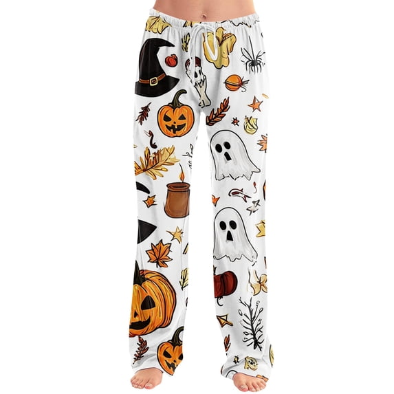 Halloween Pajama Pants for Women Spider Web Skeleton Wide Leg Spooky Sleep Pants Bat Candy Elastic High Waist Funny Pajama Pants, L
