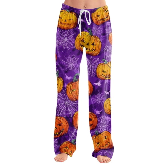 Halloween Pajama Pants for Women Spider Web Witch Hat Drawstring Horror Sleep Pants Bat Skeleton Wide Leg Funny Pajama Pants, XL