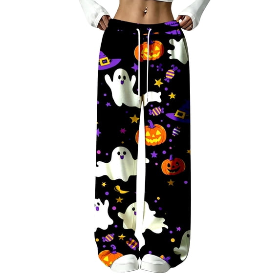Halloween Pajama Pants for Women Spooky Pumpkin Ghost Lounge Bottoms Pjs Fall Halloween Jammies (Z002#-Black L)
