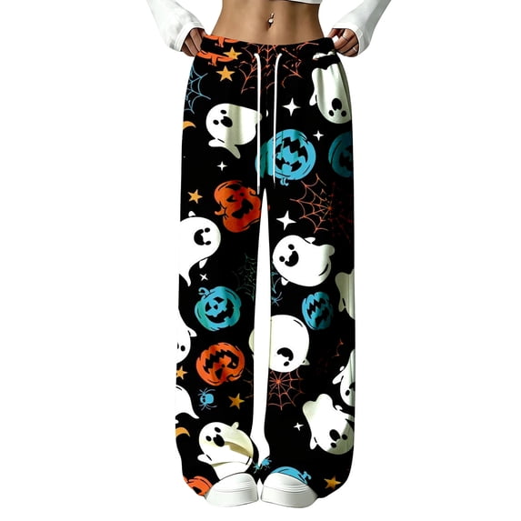 Halloween Pajama Pants for Women Spooky Pumpkin Ghost Lounge Bottoms Pjs Fall Halloween Jammies (Z004#-Blue L)