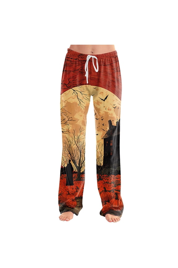 Halloween Pajama Pants for Women Witch Hat Castle Elastic High Waist Spooky Pajama Pants Pumpkin Ghost Wide Leg Funny Sleep Pants, S