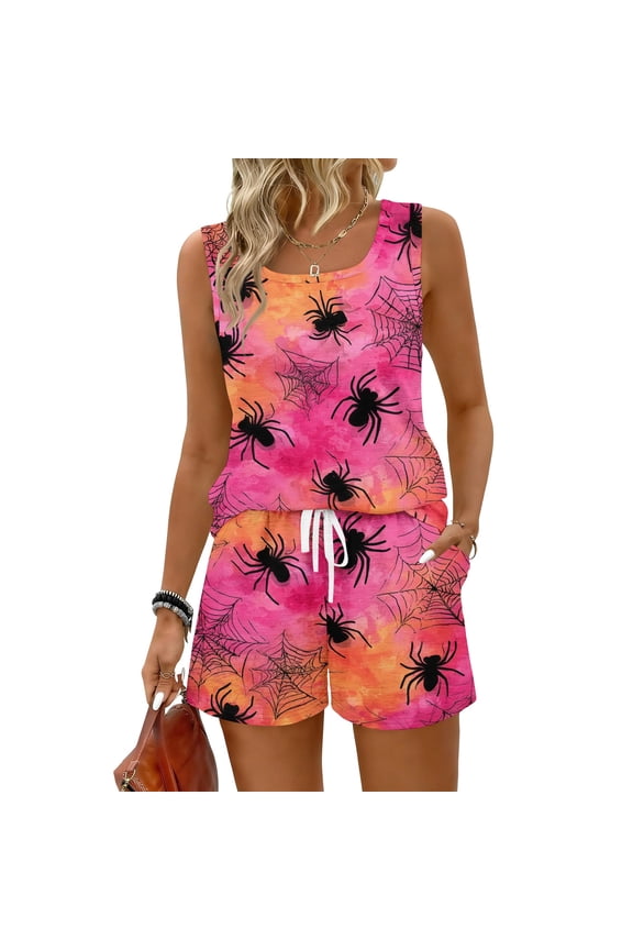 Halloween Pajama Set 2 Piece Short Sets for Women Womens Lounge Set Halloween Pjs Women's Halloween Pajamas Summer Pajamas for Women Set 2 Piece Pjs Sets Sleeveless, Red, L