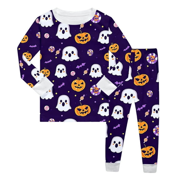 Halloween Pajama Set Ghost Pumpkin Print Boy Pajamas Set Crewneck Long Sleeve Top Shirts and Pants Set Kids Boys Size 6 Years Pajamas