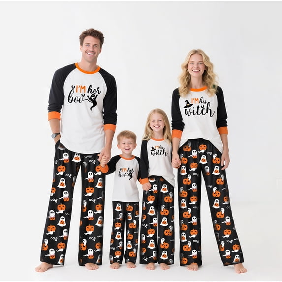 Halloween Pajama Set Long Sleeves and Pants Two-Piece Set Holiday Pajamas Cute Pumpkin Ghost Spider Skull Print Pajamas Pajamas Unisex Couple Outfit Family Pajamas,Boy 10 years