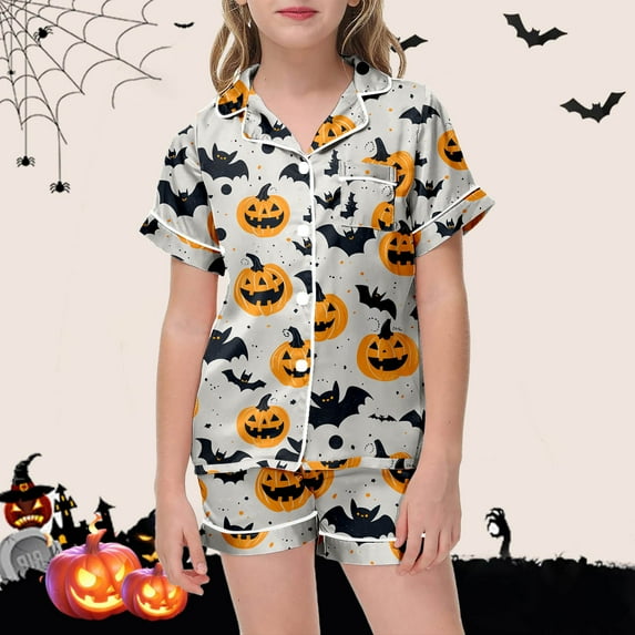 Halloween Pajama Set Pumpkin Ghost Print Satin Pajamas for Girls Boys Short Sleeve Button Down Shirts Shorts Set Tween Girls Outfits Size 10-11 Years