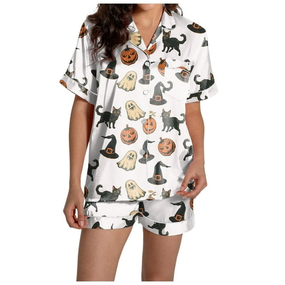 Halloween Pajama Set Women Buttery Breathable Ghost Graphic Short Sleeve Button Down Shirts and Shorts Relaxed Fit 2 Piece Sleepwear Cute Lounge Sets for Women
