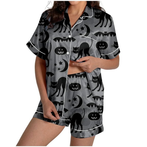 Halloween Pajama Set Women Misty Cushiony Ghost Graphic Button Down Short Sleeve Shirts and Shorts 2 Piece Nightshirt Relaxed Fit Cute Lounge Sets for Women
