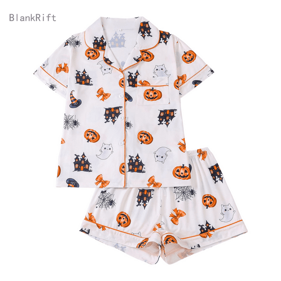 Halloween Pajama Set for Women Smooth Cute Print Collar Short Sleeve Button Up Nightwear and Shorts Lightweight 2 Piece Home Wear Set Relaxed Fit Women Sleepwear